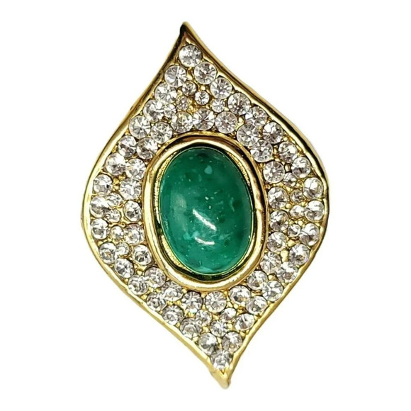Green Spotted Acrylic Cabochon Clear Rhinestone Gold Tone Teardrop Pendant - Picture 1 of 4